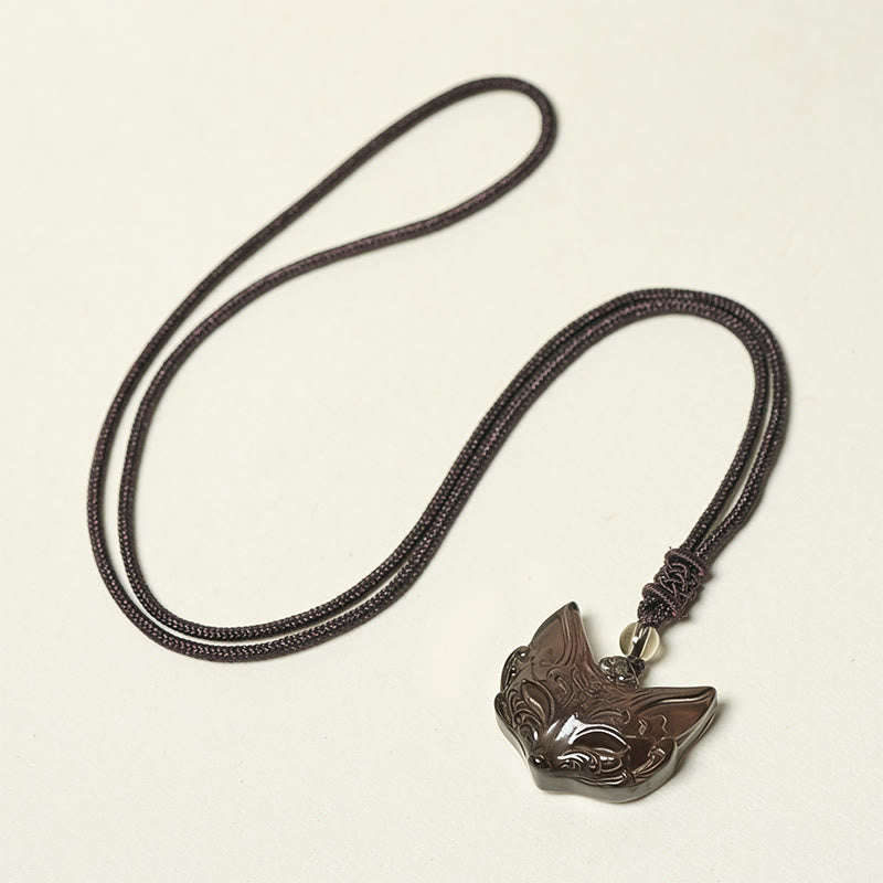 Fortune Jewel Relief Fox Design Silver Sheen Obsidian Ice Obsidian Protection Necklace Pendant - Fortune Jewel