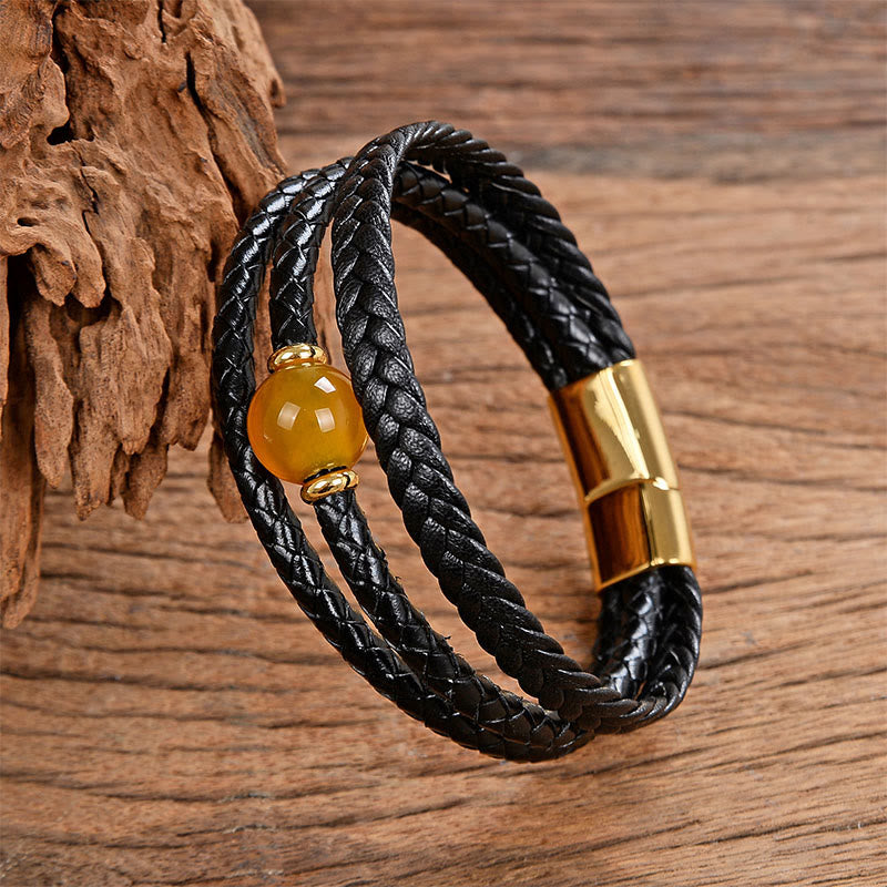 Fortune Jewel Multicolored Bead Green Tiger Eye Amethyst Craved Six True Words Leather Balance Bracelet - Fortune Jewel