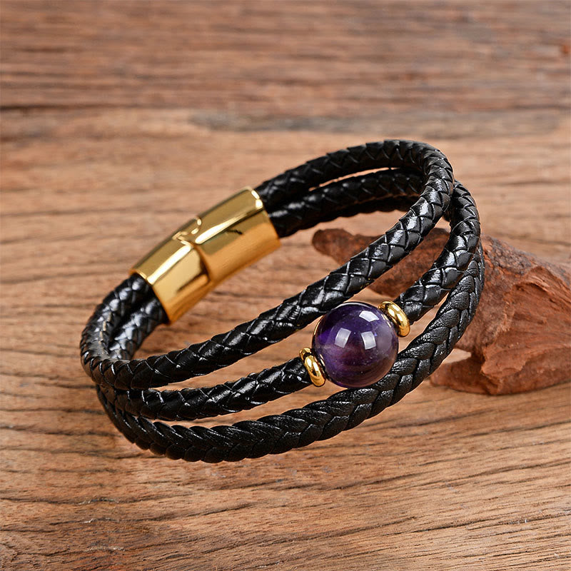 Fortune Jewel Multicolored Bead Green Tiger Eye Amethyst Craved Six True Words Leather Balance Bracelet - Fortune Jewel