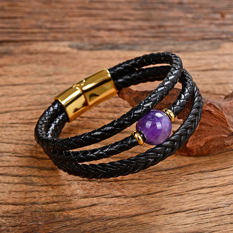 Fortune Jewel Multicolored Bead Green Tiger Eye Amethyst Craved Six True Words Leather Balance Bracelet - Fortune Jewel