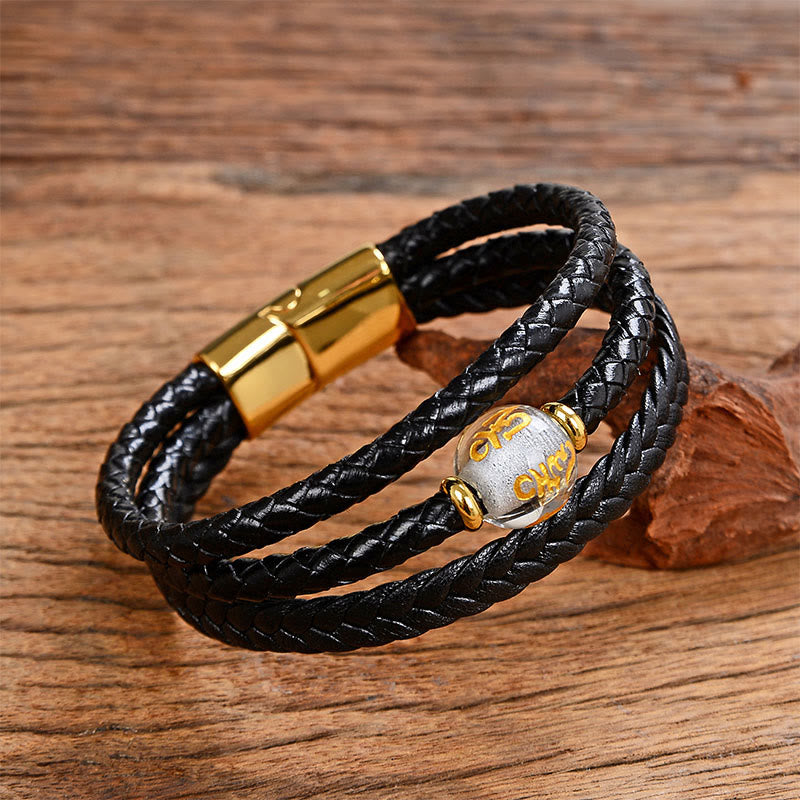 Fortune Jewel Multicolored Bead Green Tiger Eye Amethyst Craved Six True Words Leather Balance Bracelet - Fortune Jewel