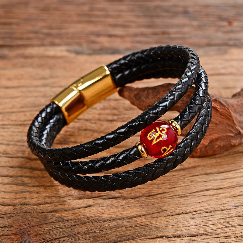 Fortune Jewel Multicolored Bead Green Tiger Eye Amethyst Craved Six True Words Leather Balance Bracelet - Fortune Jewel