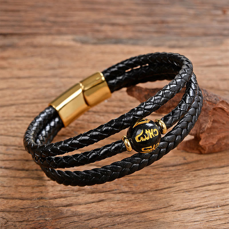 Fortune Jewel Multicolored Bead Green Tiger Eye Amethyst Craved Six True Words Leather Balance Bracelet - Fortune Jewel