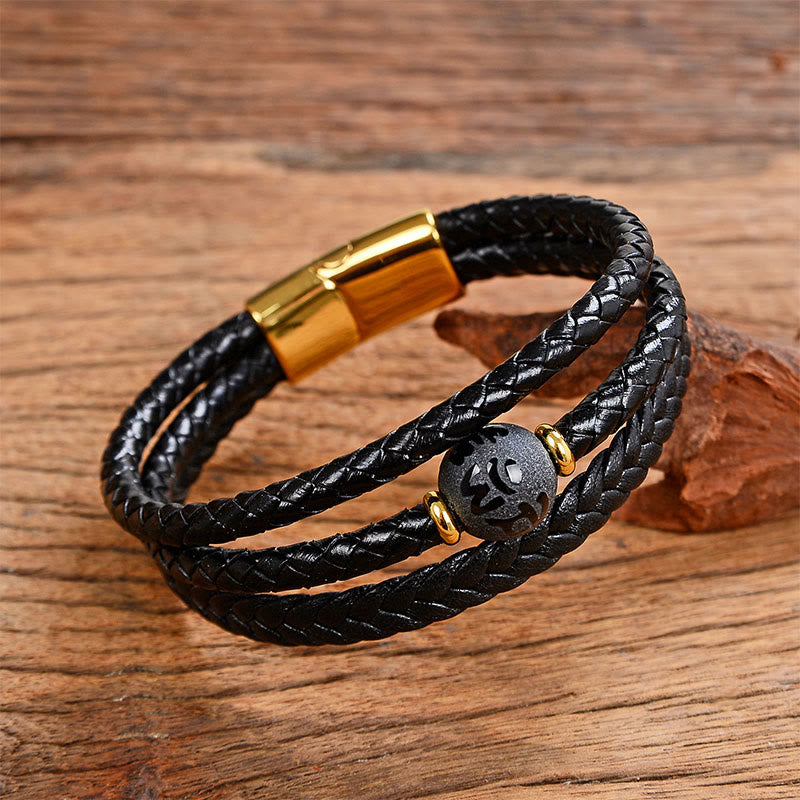 Fortune Jewel Multicolored Bead Green Tiger Eye Amethyst Craved Six True Words Leather Balance Bracelet - Fortune Jewel
