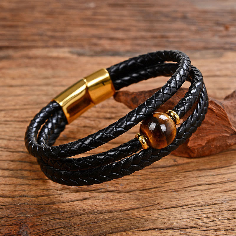 Fortune Jewel Multicolored Bead Green Tiger Eye Amethyst Craved Six True Words Leather Balance Bracelet - Fortune Jewel