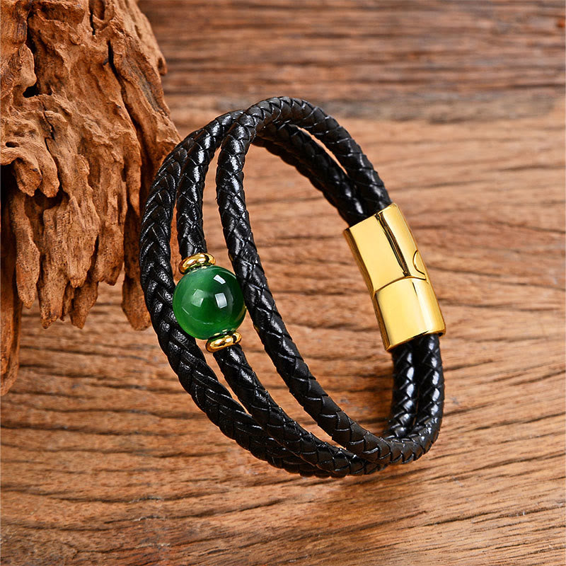 Fortune Jewel Multicolored Bead Green Tiger Eye Amethyst Craved Six True Words Leather Balance Bracelet - Fortune Jewel