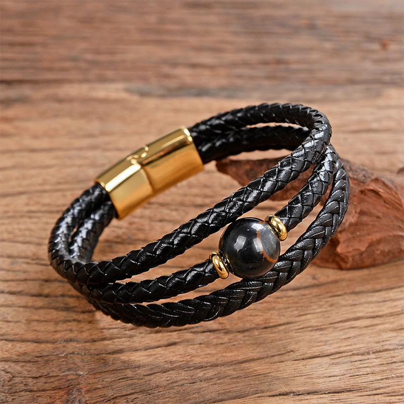Fortune Jewel Multicolored Bead Green Tiger Eye Amethyst Craved Six True Words Leather Balance Bracelet - Fortune Jewel