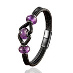 Fortune Jewel Amethyst Crystal Stone Double Leather Relieves Stress Round Bracelet - Fortune Jewel