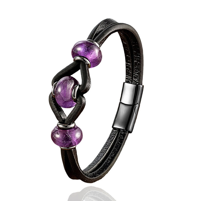 Fortune Jewel Amethyst Crystal Stone Double Leather Relieves Stress Round Bracelet - Fortune Jewel