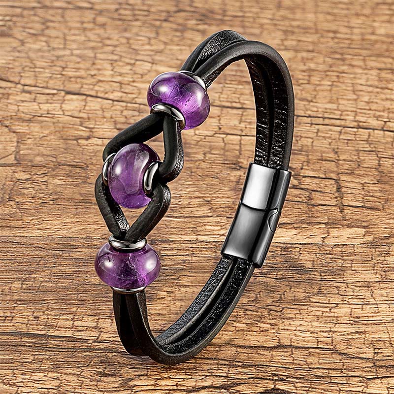 Fortune Jewel Amethyst Crystal Stone Double Leather Relieves Stress Round Bracelet - Fortune Jewel