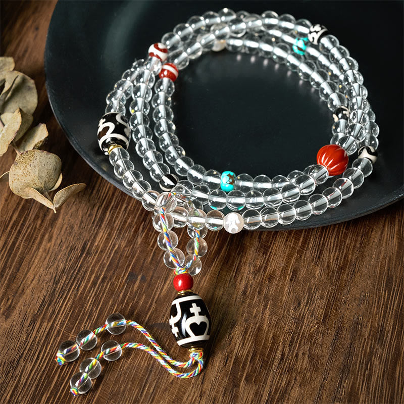Fortune Jewel 108 Beads Liuli Crystal Dzi Bead Agate Blessings Tassel Mala - Fortune Jewel