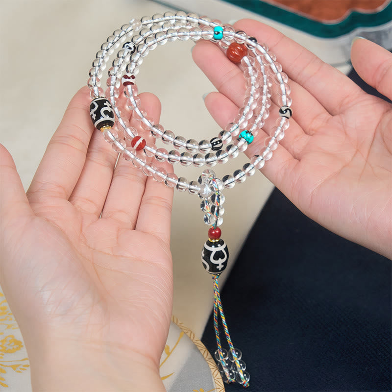 Fortune Jewel 108 Beads Liuli Crystal Dzi Bead Agate Blessings Tassel Mala - Fortune Jewel