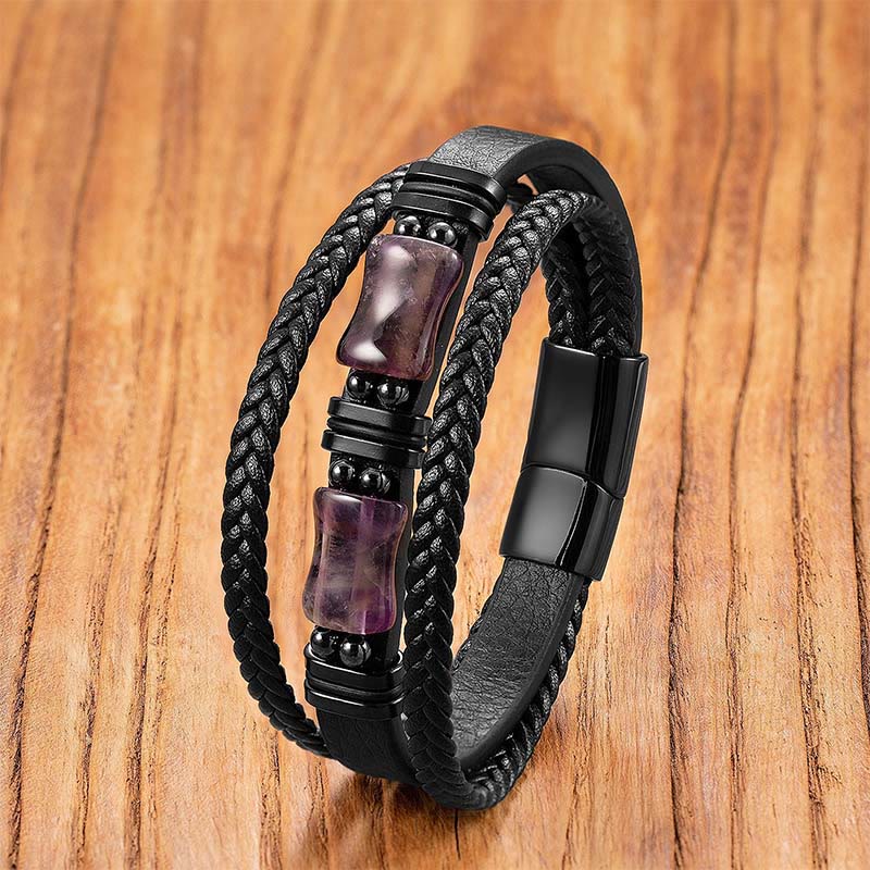 Fortune Jewel Green Aventurine Amethyst Black Onyx Pink Crystal Positivity Braided Leather Bracelet - Fortune Jewel