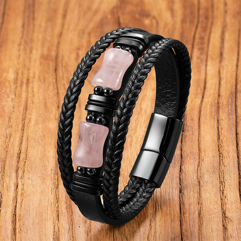 Fortune Jewel Green Aventurine Amethyst Black Onyx Pink Crystal Positivity Braided Leather Bracelet - Fortune Jewel