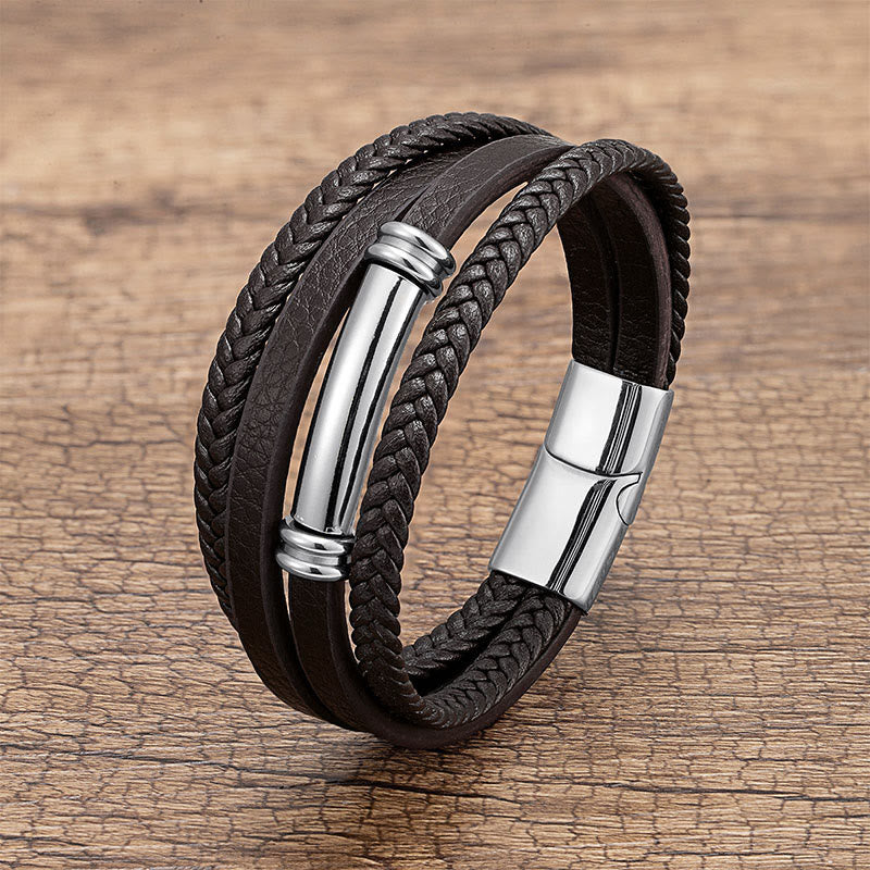 Fortune Jewel Multi-layered Simple Design Leather Titanium Steel Balance Bracelet - Fortune Jewel