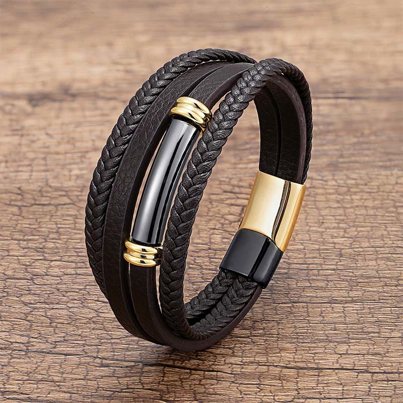 Fortune Jewel Multi-layered Simple Design Leather Titanium Steel Balance Bracelet - Fortune Jewel