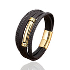 Fortune Jewel Multi-layered Simple Design Leather Titanium Steel Balance Bracelet - Fortune Jewel