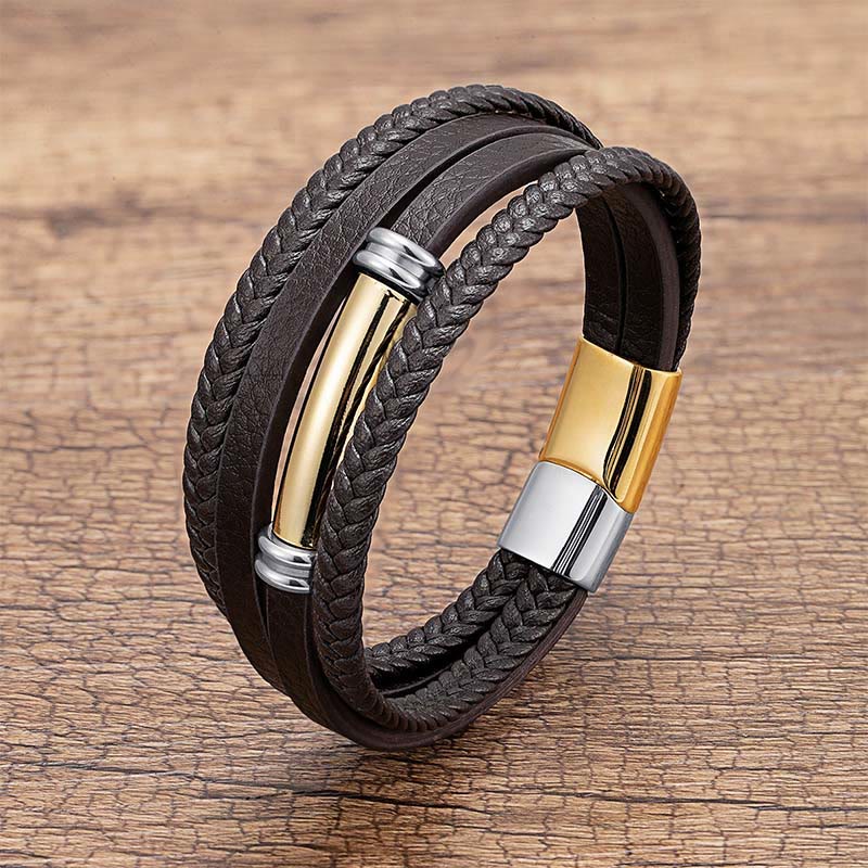 Fortune Jewel Multi-layered Simple Design Leather Titanium Steel Balance Bracelet - Fortune Jewel
