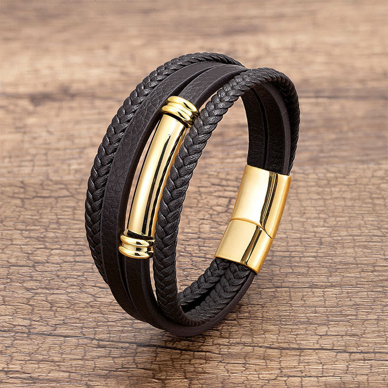 Fortune Jewel Multi-layered Simple Design Leather Titanium Steel Balance Bracelet - Fortune Jewel