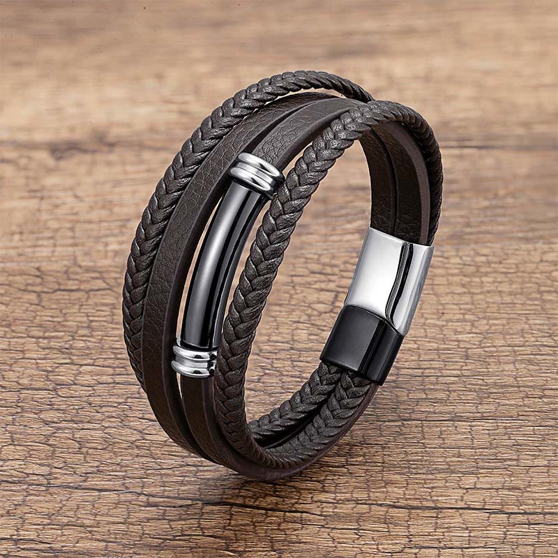 Fortune Jewel Multi-layered Simple Design Leather Titanium Steel Balance Bracelet - Fortune Jewel