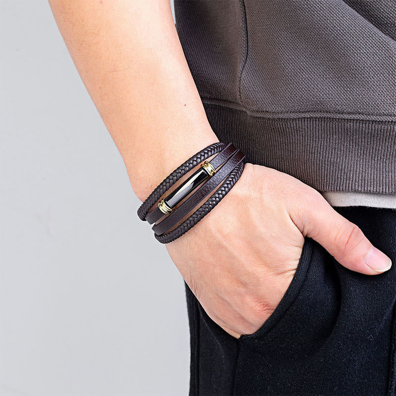 Fortune Jewel Multi-layered Simple Design Leather Titanium Steel Balance Bracelet - Fortune Jewel