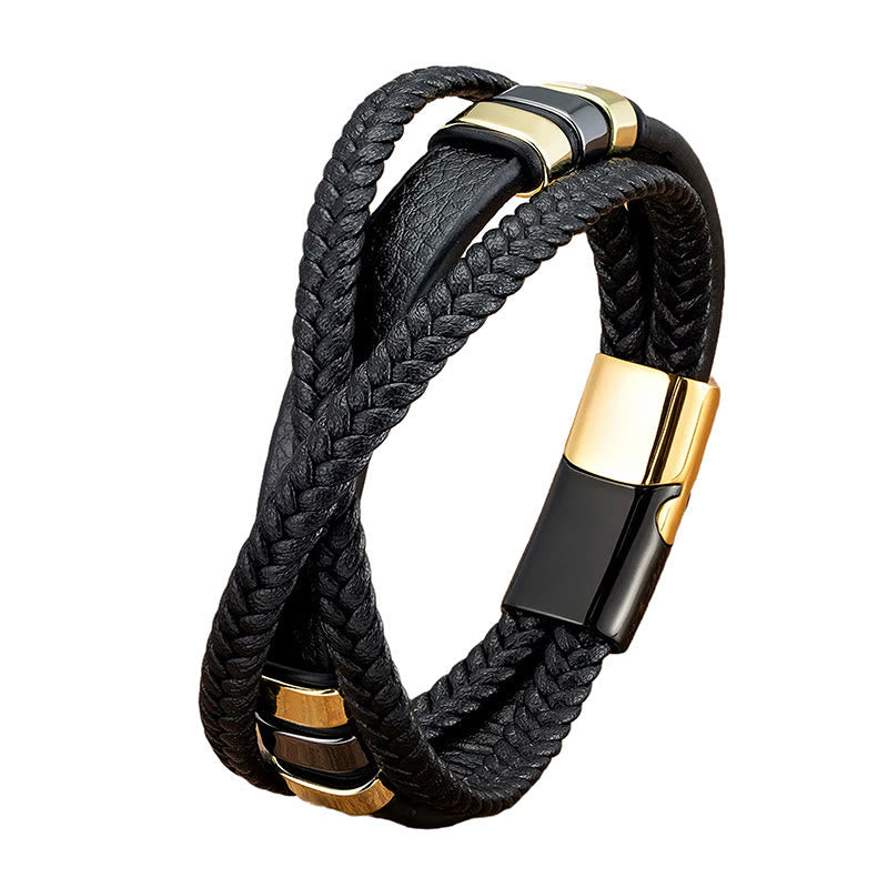 Fortune Jewel Multi-layered Cross-woven Design Leather Titanium Steel Balance Bracelet - Fortune Jewel
