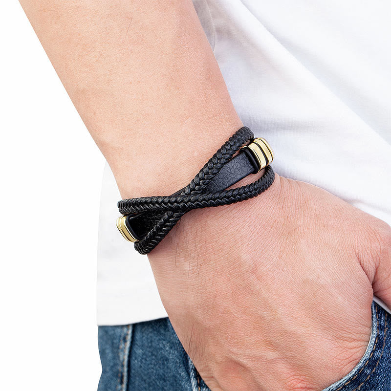 Fortune Jewel Multi-layered Cross-woven Design Leather Titanium Steel Balance Bracelet - Fortune Jewel