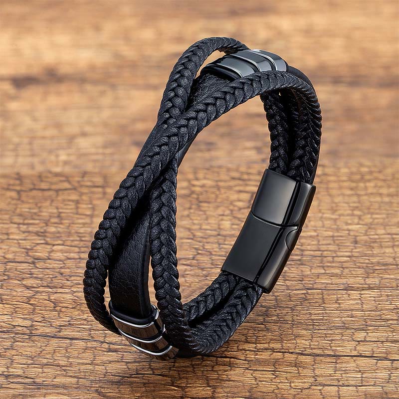 Fortune Jewel Multi-layered Cross-woven Design Leather Titanium Steel Balance Bracelet - Fortune Jewel