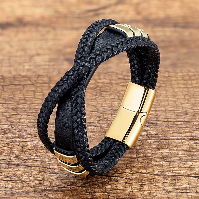 Fortune Jewel Multi-layered Cross-woven Design Leather Titanium Steel Balance Bracelet - Fortune Jewel