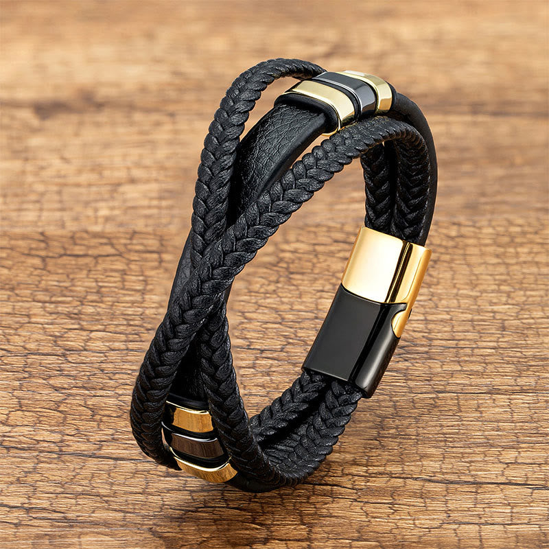 Fortune Jewel Multi-layered Cross-woven Design Leather Titanium Steel Balance Bracelet - Fortune Jewel