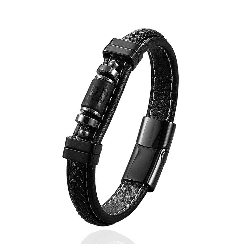 Fortune Jewel Om Mani Padme Hum Dragon Symbol Black Onyx Leather Titanium Steel Balance Protection Bracelet - Fortune Jewel