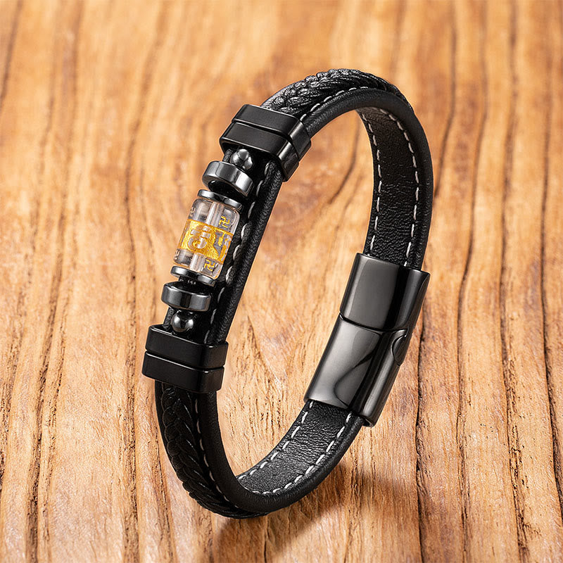 Fortune Jewel Om Mani Padme Hum Dragon Symbol Black Onyx Leather Titanium Steel Balance Protection Bracelet - Fortune Jewel
