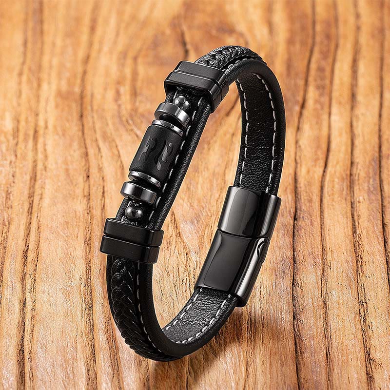 Fortune Jewel Om Mani Padme Hum Dragon Symbol Black Onyx Leather Titanium Steel Balance Protection Bracelet - Fortune Jewel