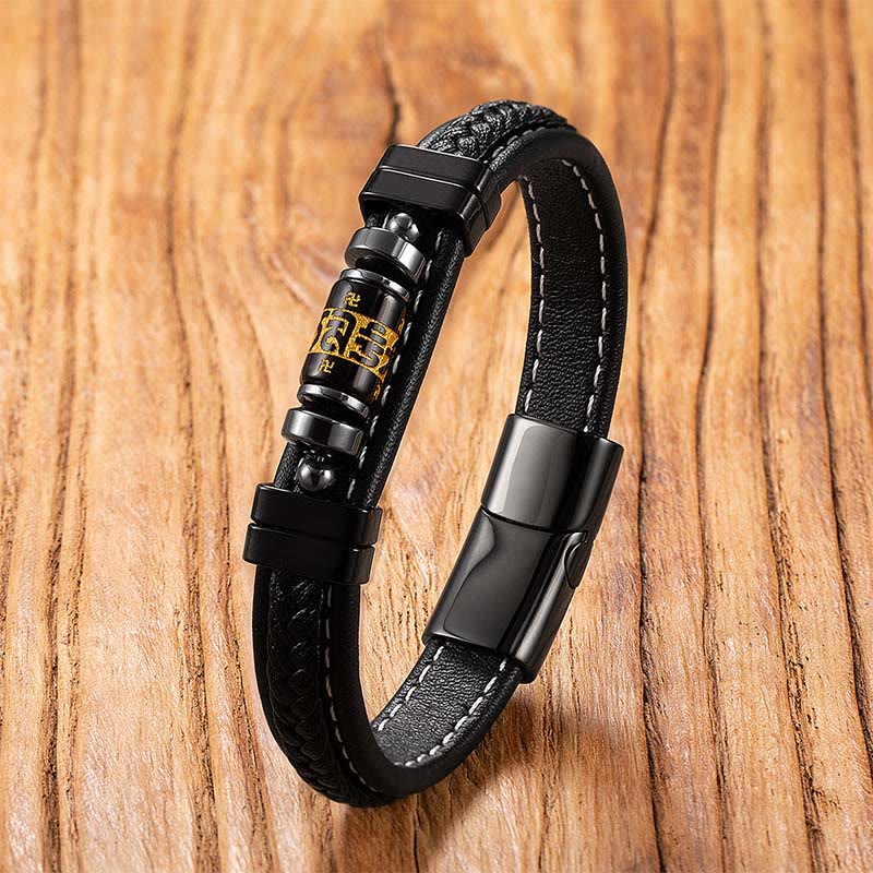 Fortune Jewel Om Mani Padme Hum Dragon Symbol Black Onyx Leather Titanium Steel Balance Protection Bracelet - Fortune Jewel