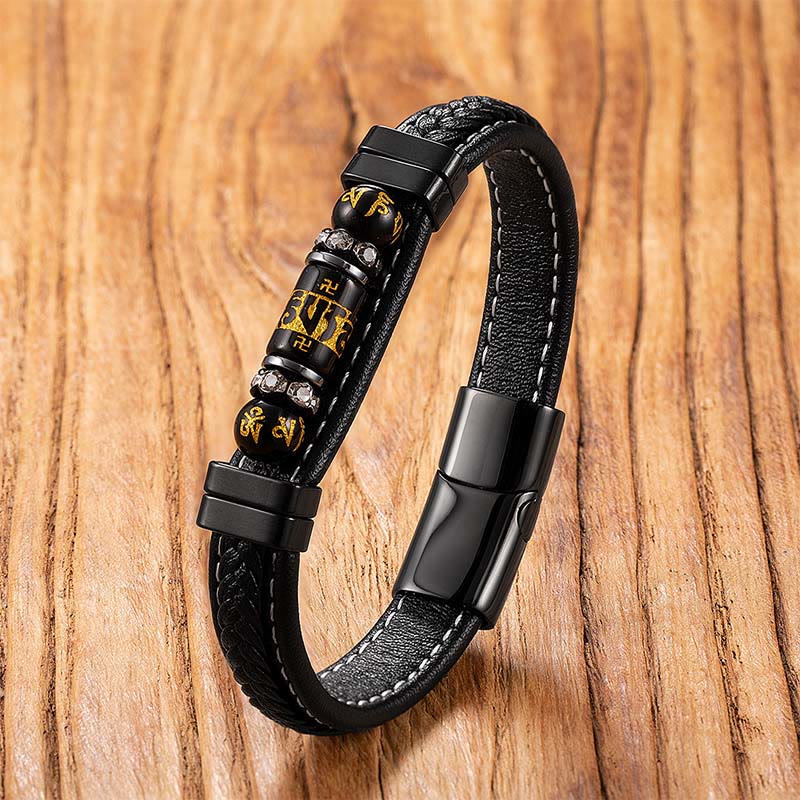 Fortune Jewel Om Mani Padme Hum Dragon Symbol Black Onyx Leather Titanium Steel Balance Protection Bracelet - Fortune Jewel