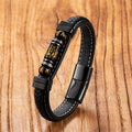 Fortune Jewel Om Mani Padme Hum Dragon Symbol Black Onyx Leather Titanium Steel Balance Protection Bracelet - Fortune Jewel