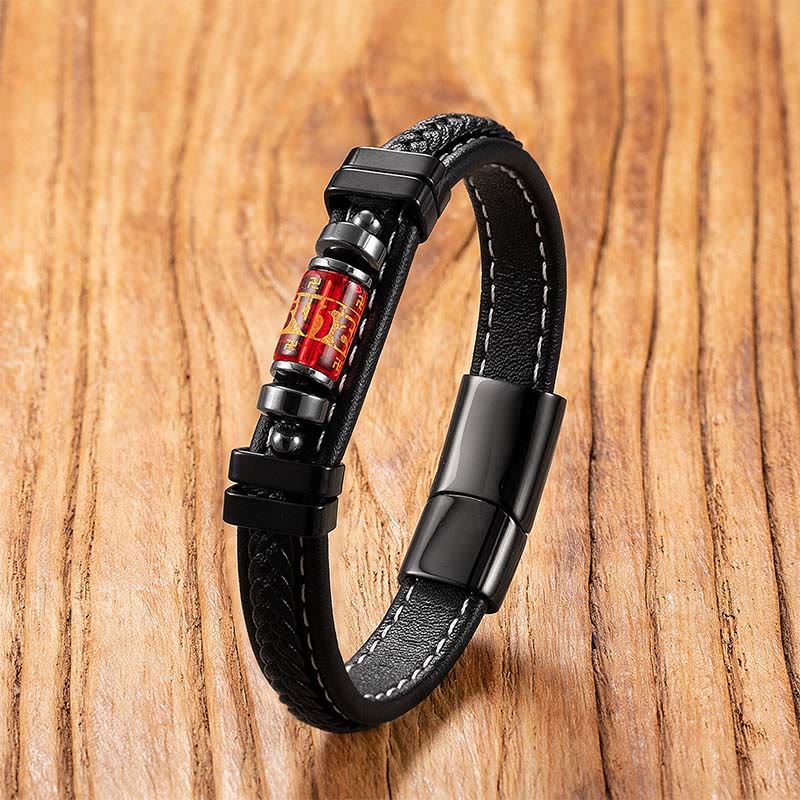 Fortune Jewel Om Mani Padme Hum Dragon Symbol Black Onyx Leather Titanium Steel Balance Protection Bracelet - Fortune Jewel