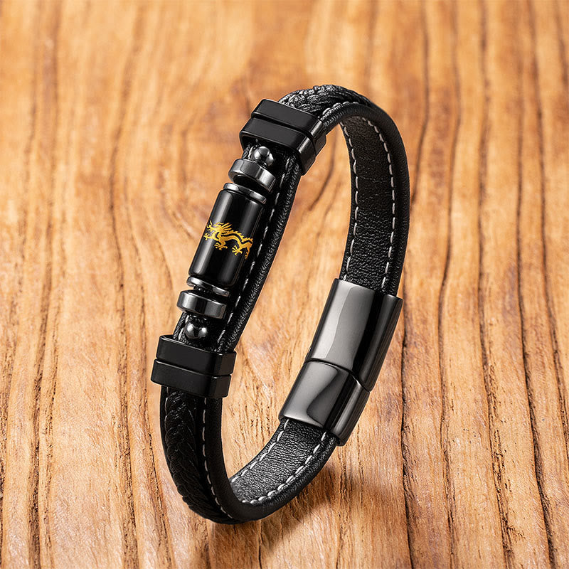 Fortune Jewel Om Mani Padme Hum Dragon Symbol Black Onyx Leather Titanium Steel Balance Protection Bracelet - Fortune Jewel