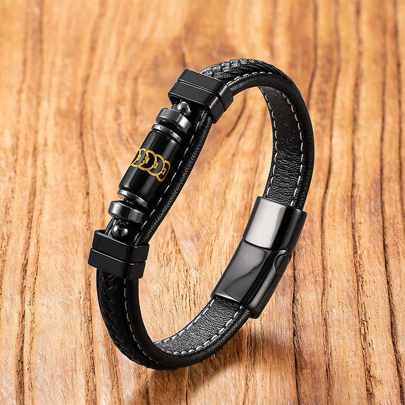 Fortune Jewel Om Mani Padme Hum Dragon Symbol Black Onyx Leather Titanium Steel Balance Protection Bracelet - Fortune Jewel