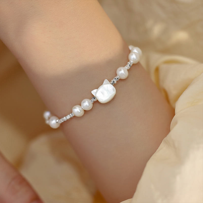 Fortune Jewel Pearl Cat Head Tridacna Stone Silver Healing Bracelet