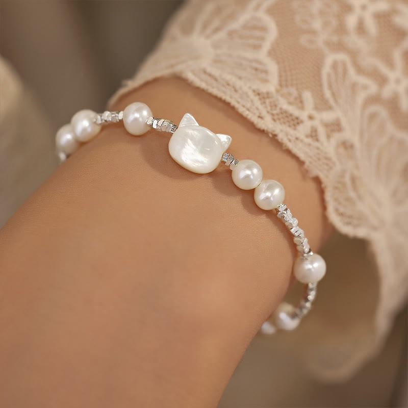Fortune Jewel Pearl Cat Head Tridacna Stone Silver Healing Bracelet