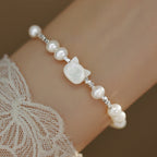 Fortune Jewel Pearl Cat Head Tridacna Stone Silver Healing Bracelet