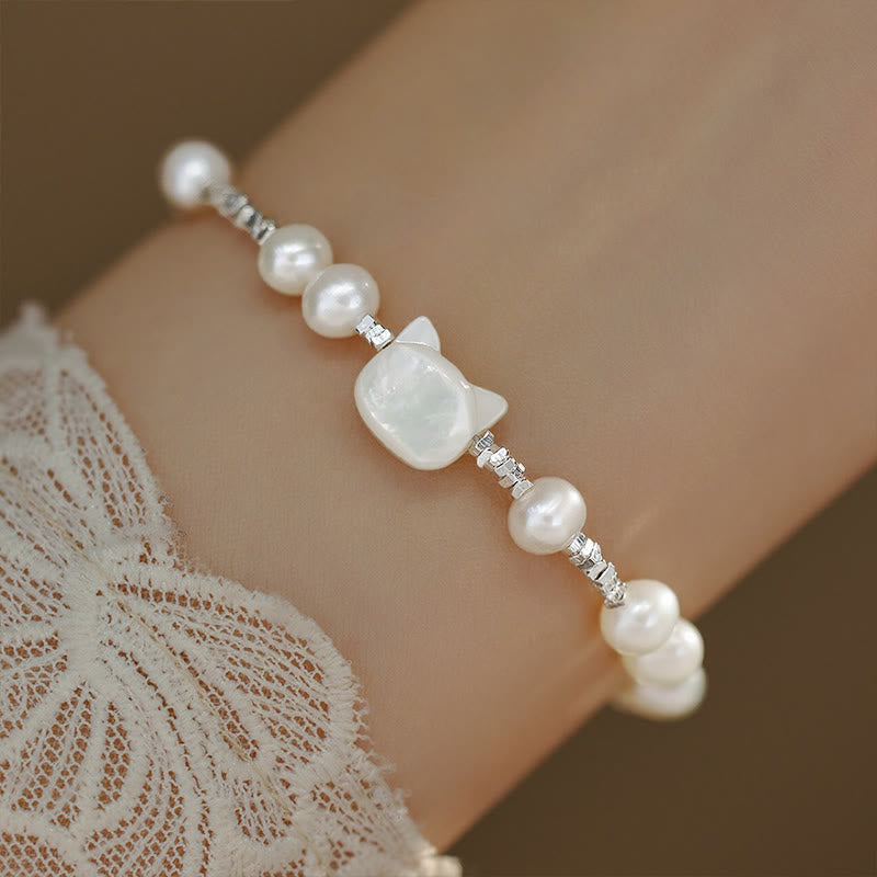 Fortune Jewel Pearl Cat Head Tridacna Stone Silver Healing Bracelet