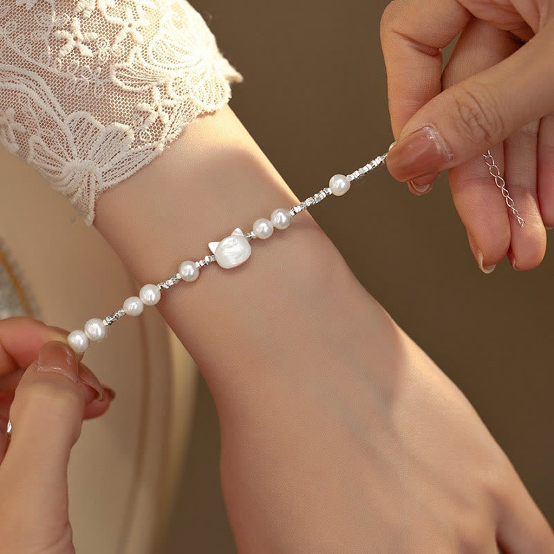 Fortune Jewel Pearl Cat Head Tridacna Stone Silver Healing Bracelet