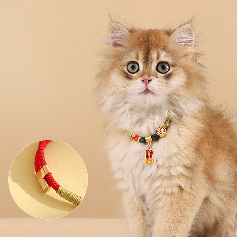 Fortune Jewel Metal Pendant Red String Peace Joy Blessing Protection Adjustable Cats Small Dogs Pet Collar - Fortune Jewel