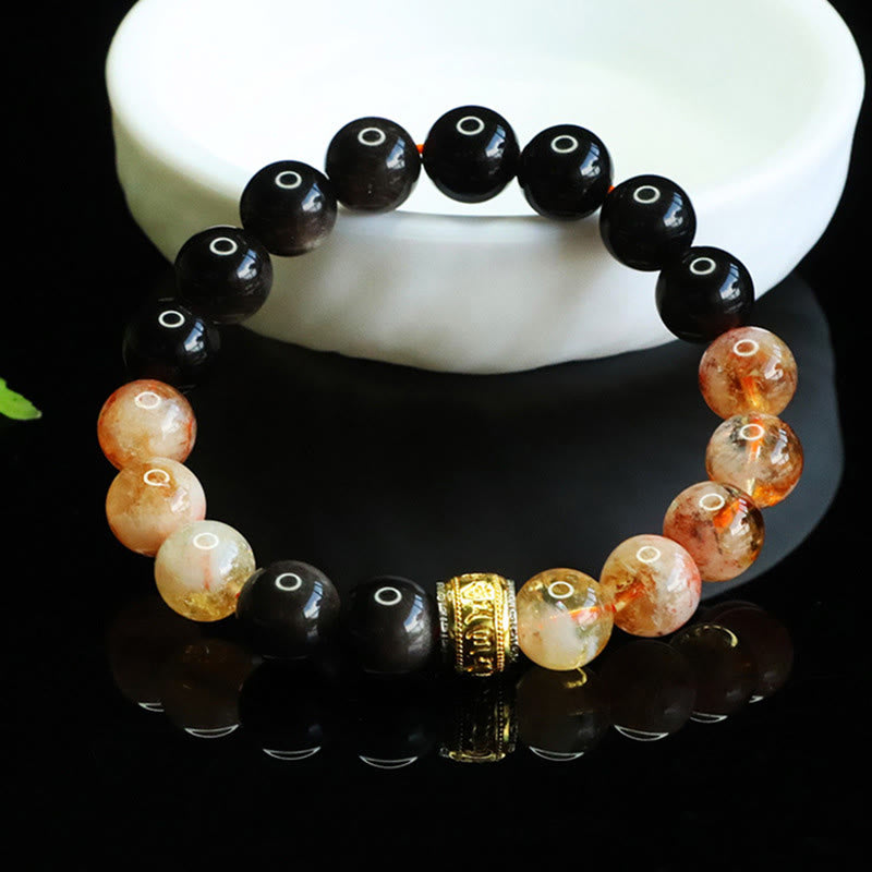 Fortune Jewel Om Mani Padme Hum Silver Sheen Obsidian Citrine Protection Bracelet - Fortune Jewel