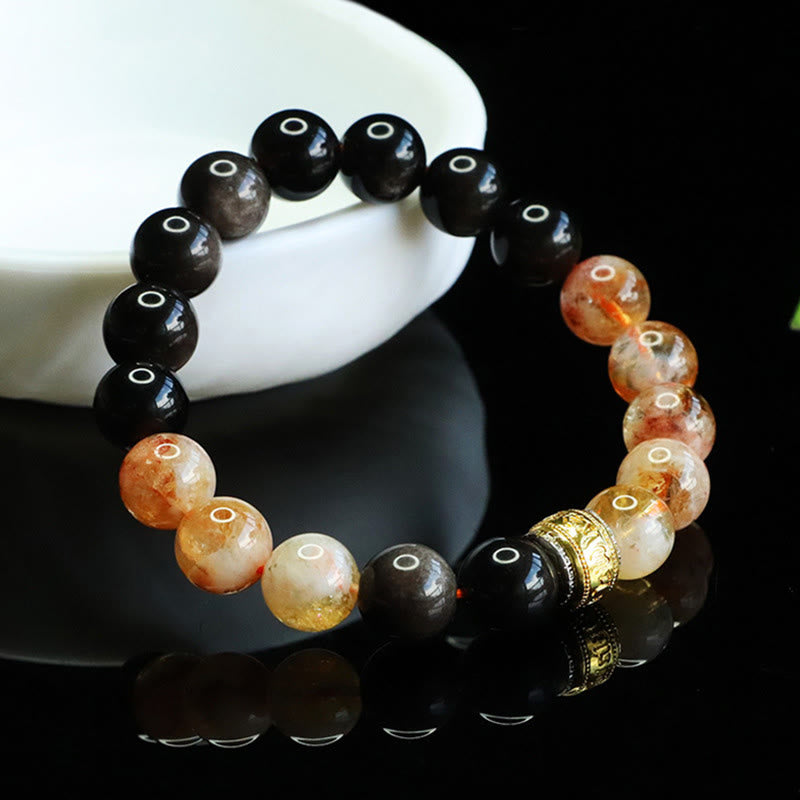Fortune Jewel Om Mani Padme Hum Silver Sheen Obsidian Citrine Protection Bracelet - Fortune Jewel