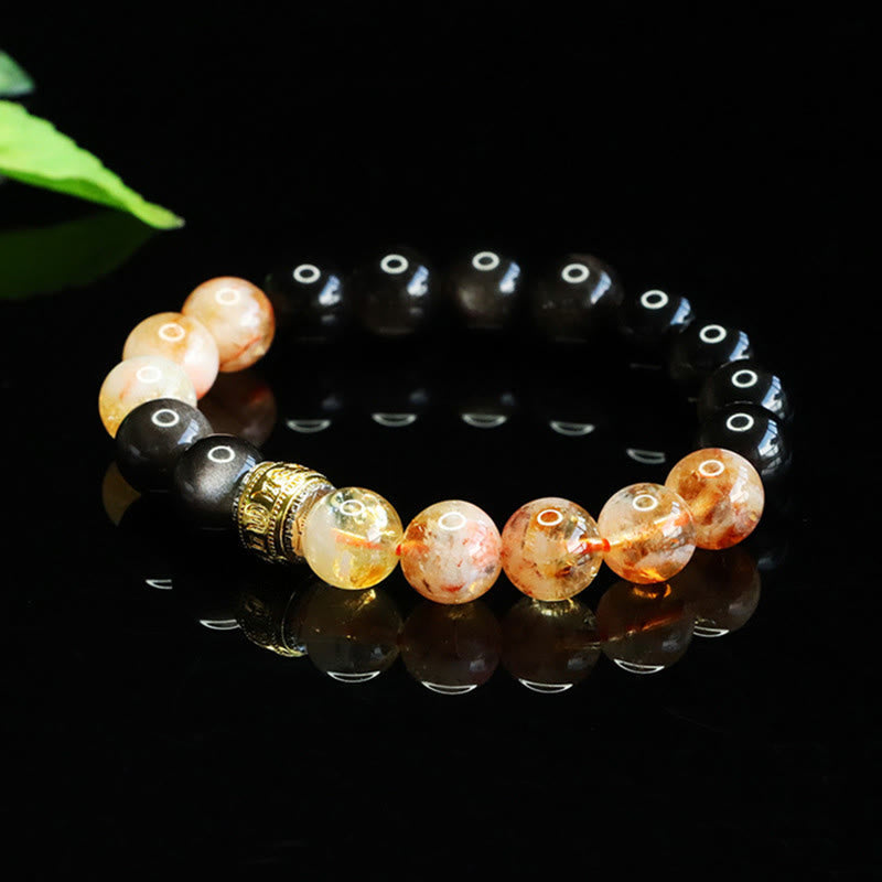Fortune Jewel Om Mani Padme Hum Silver Sheen Obsidian Citrine Protection Bracelet - Fortune Jewel