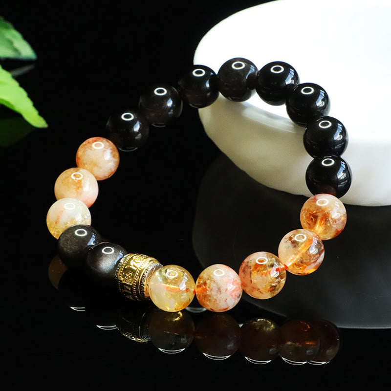 Fortune Jewel Om Mani Padme Hum Silver Sheen Obsidian Citrine Protection Bracelet - Fortune Jewel