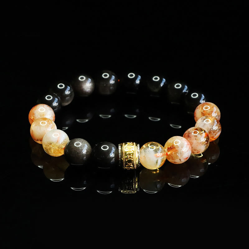Fortune Jewel Om Mani Padme Hum Silver Sheen Obsidian Citrine Protection Bracelet - Fortune Jewel